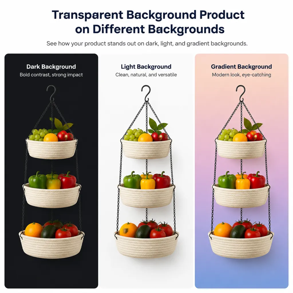 Comparison of GPT-Image-2-generated transparent-background product images composited on dark, light, and gradient backgrounds