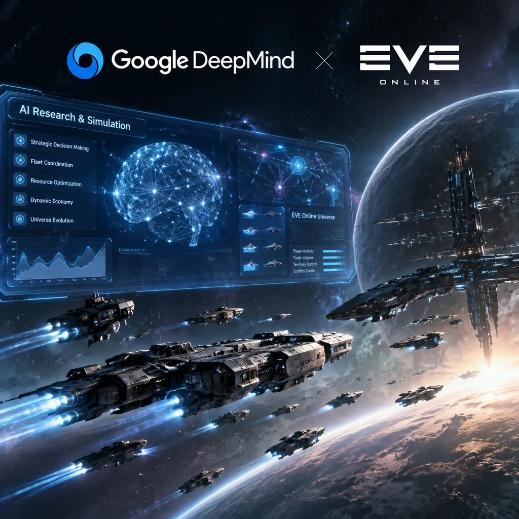 Google DeepMind与EVE Online合作概念图,画面包含EVE宇宙、玩家舰队和AI研究界面