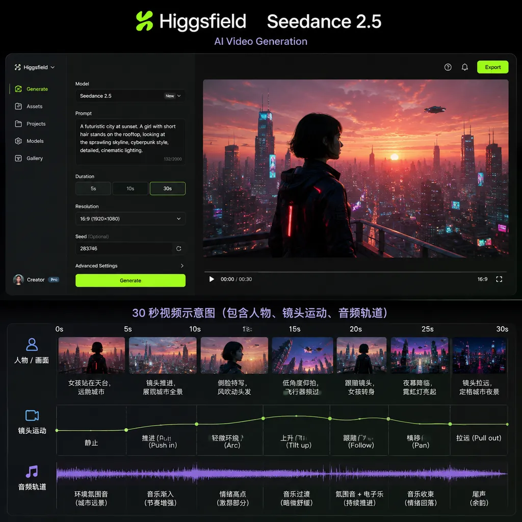Higgsfield 中 Seedance 2.5 的生成界面,以及包含人物、镜头运动和音频轨道的 30 秒视频示意图