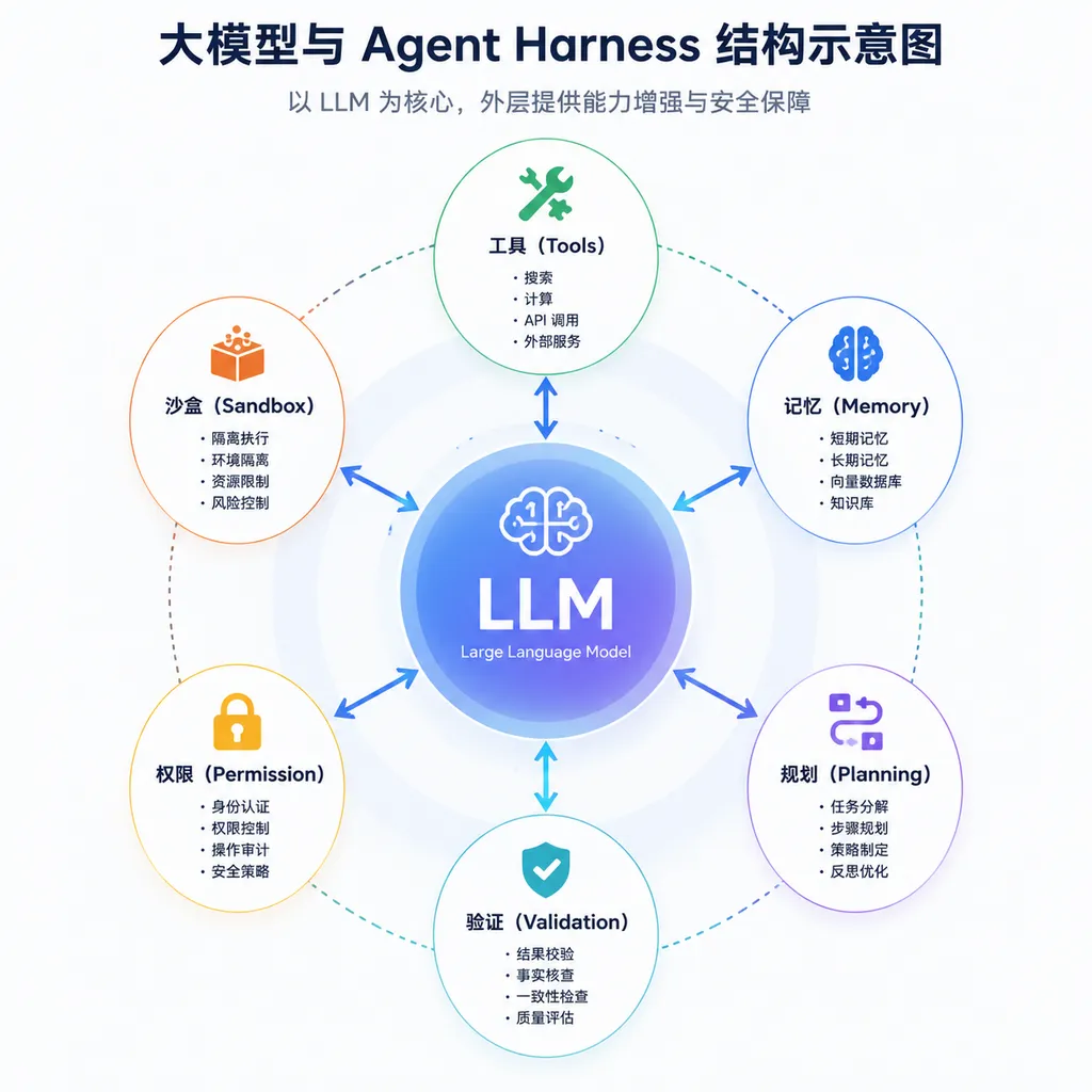 大模型与 Agent Harness 结构示意图,中心是 LLM,外围包含工具、记忆、规划、验证、权限和沙盒