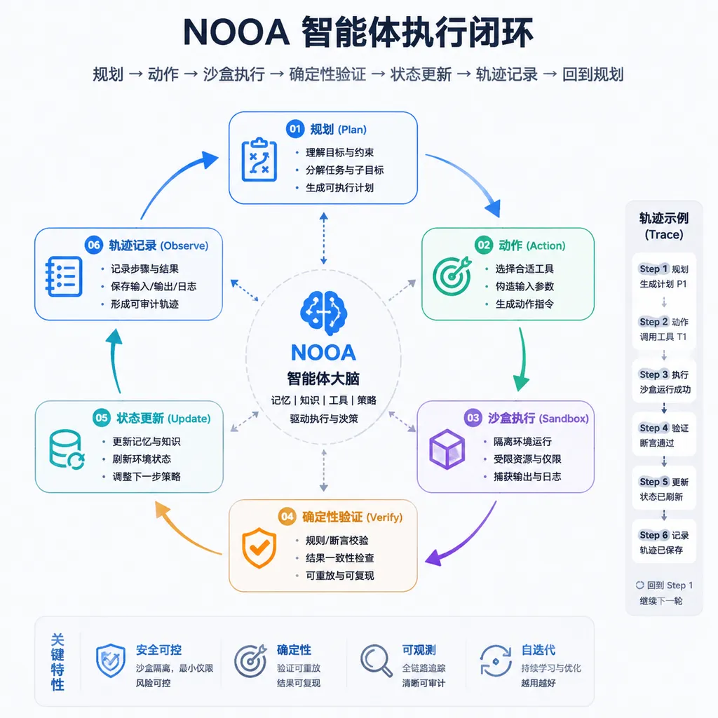 NOOA 智能体执行闭环,展示规划、动作、沙盒执行、确定性验证、状态更新和轨迹记录