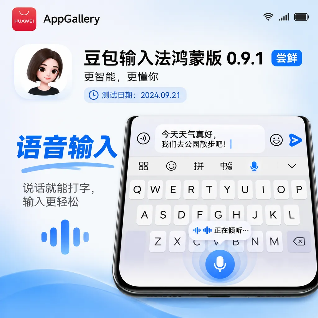 华为 AppGallery 中豆包输入法鸿蒙版 0.9.1 尝鲜页面,展示测试日期与语音输入功能