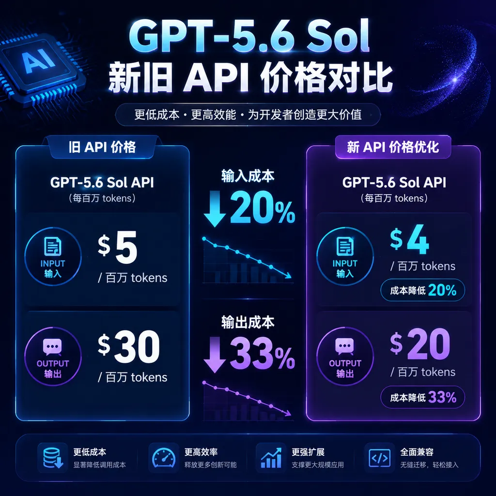 GPT-5.6 Sol新旧API价格对比图,突出输入下降20%、输出下降33%