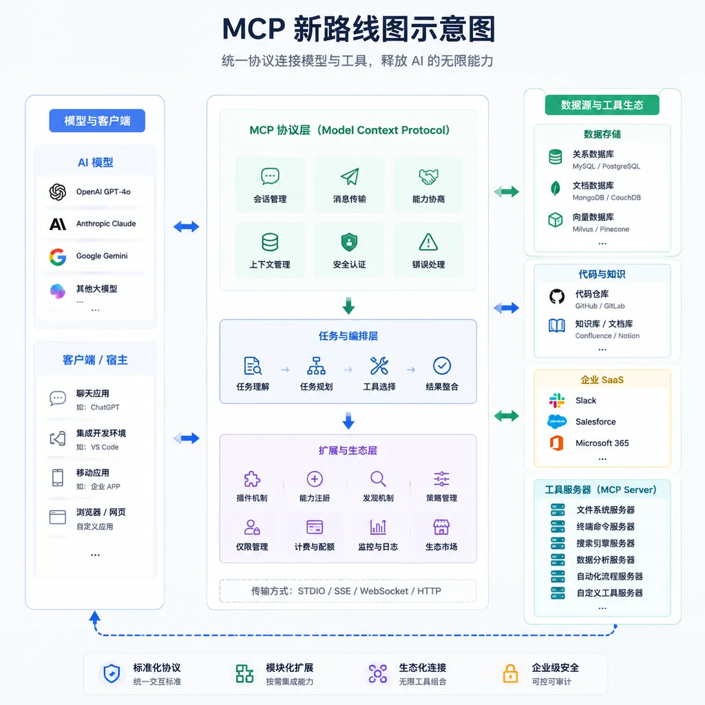 MCP 新路线图示意图,左侧为模型和客户端,中间为 MCP 协议、任务与扩展层,右侧连接数据库、代码仓库、企业 SaaS 和多个工具服务器