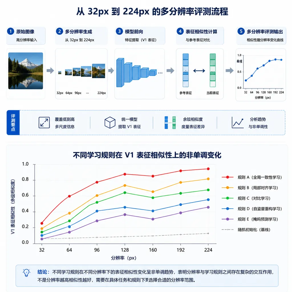 从 32px 到 224px 的多分辨率评测流程,以及不同学习规则在 V1 表征相似性上的非单调变化示意图
