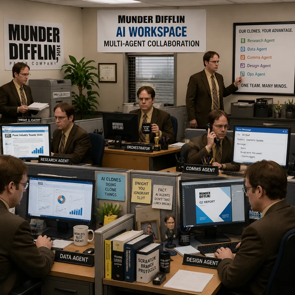 Munder Difflin 的 The Office 风格多智能体工作台,多个 AI 克隆体在不同工位上协作