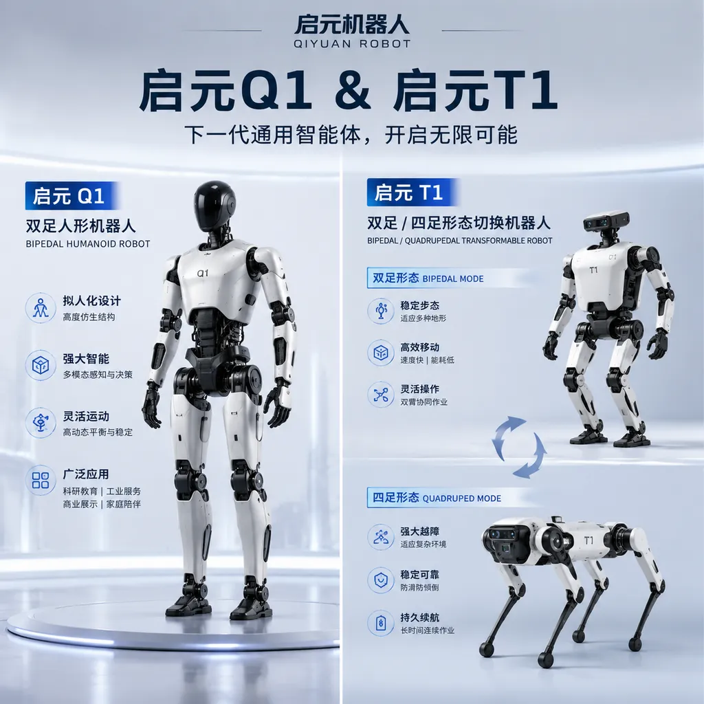启元Q1与启元T1产品展示图,突出Q1双足人形与T1双足/四足形态切换