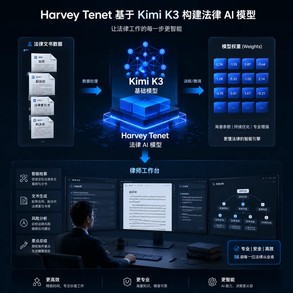Harvey Tenet 基于 Kimi K3 构建法律 AI 模型的示意图,画面包含法律文书、模型权重和律师工作台