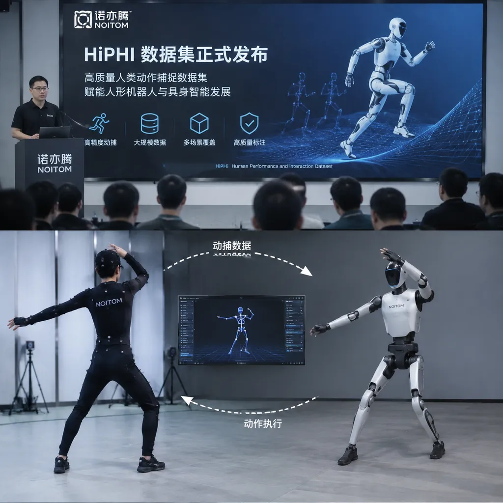 Illustration of the HiPHI dataset release by Noitom or a humanoid robot performing actions using motion-capture data