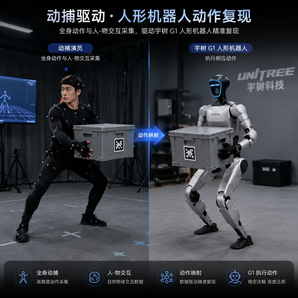 动捕演员进行全身动作与人—物交互采集,旁边展示宇树 G1 人形机器人执行相应动作