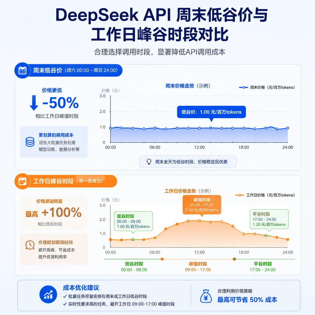 Illustration comparing DeepSeek API weekend off-peak pricing with weekday peak and off-peak periods