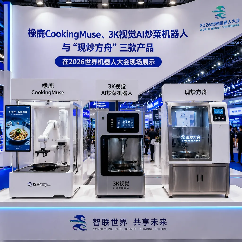 橡鹿CookingMuse、3K视觉AI炒菜机器人与“现炒方舟”三款产品在2026世界机器人大会现场展示