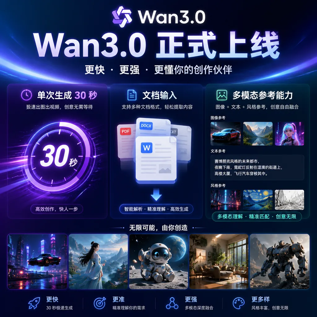Wan3.0 正式上线海报,突出单次生成 30 秒、文档输入和多模态参考能力