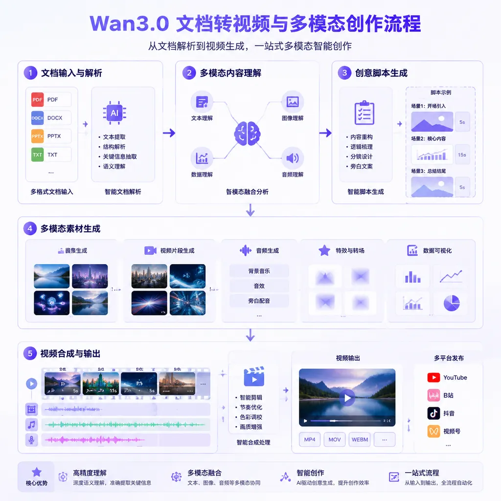 Illustration of Wan3.0’s document-to-video and multimodal creation workflow