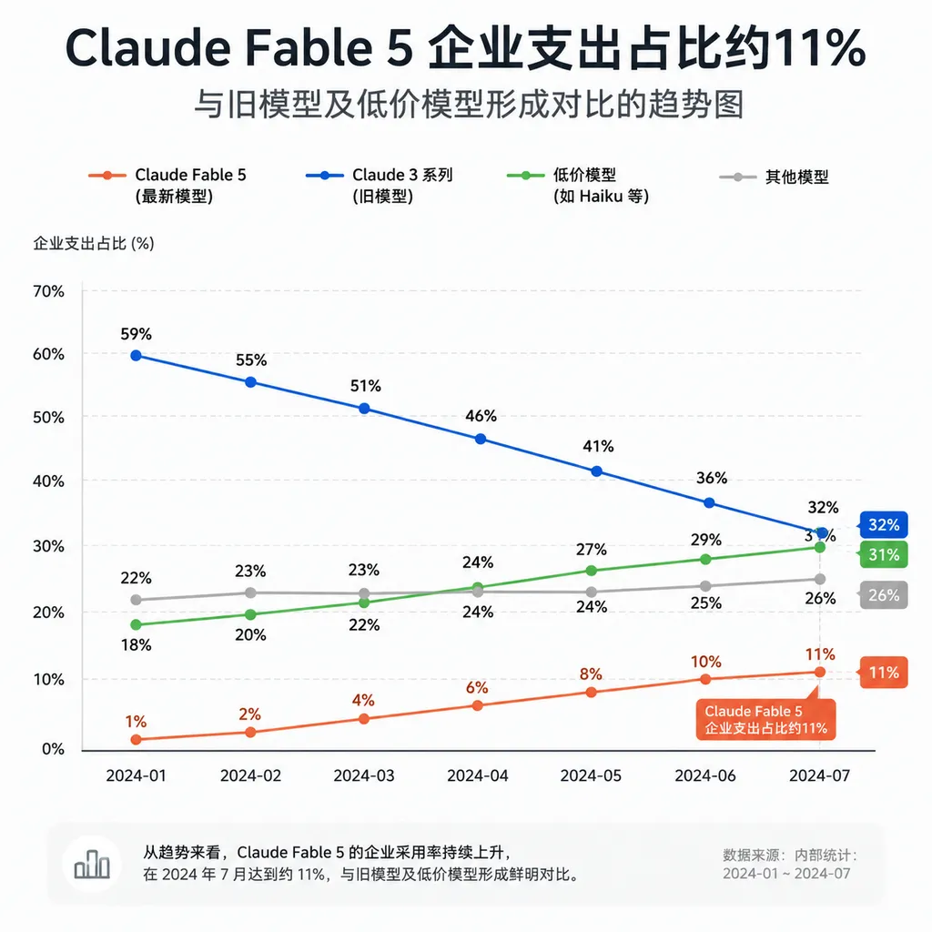 Claude Fable 5企业支出占比约11%,与旧模型及低价模型形成对比的趋势图