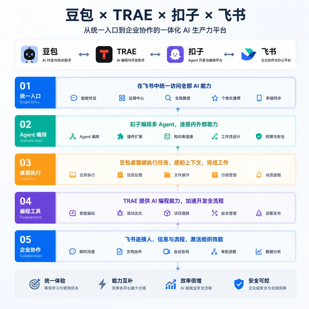 豆包、TRAE、扣子与飞书整合关系示意图,展示统一入口、Agent编排、桌面执行、编程工具和企业协作五层能力