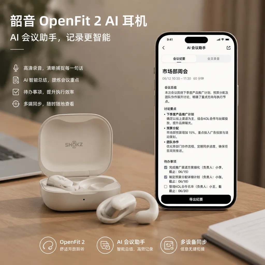 韶音 OpenFit 2 AI 耳机、充电盒与手机端会议总结界面