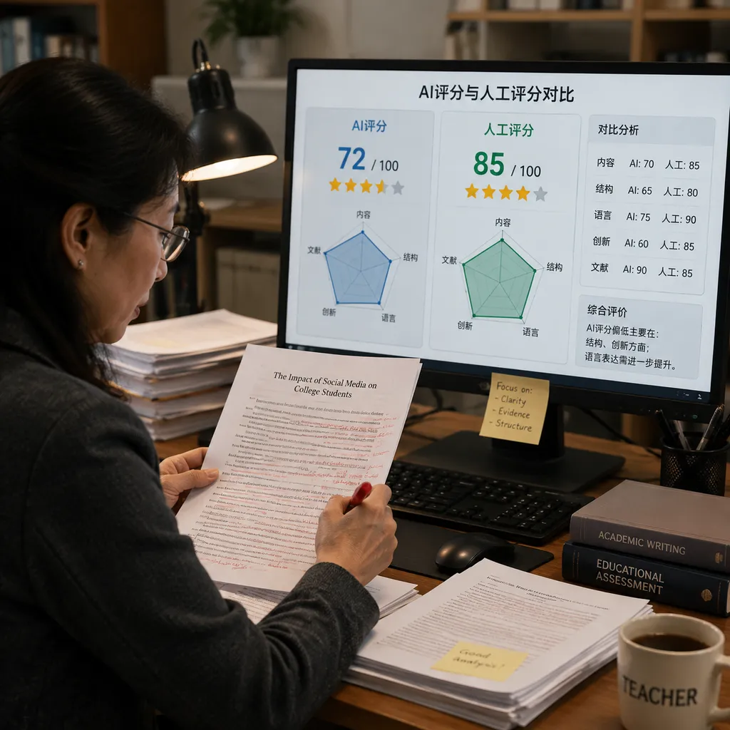 A teacher grading student essays at a computer, with a comparison of AI and human scores displayed on one side of the screen