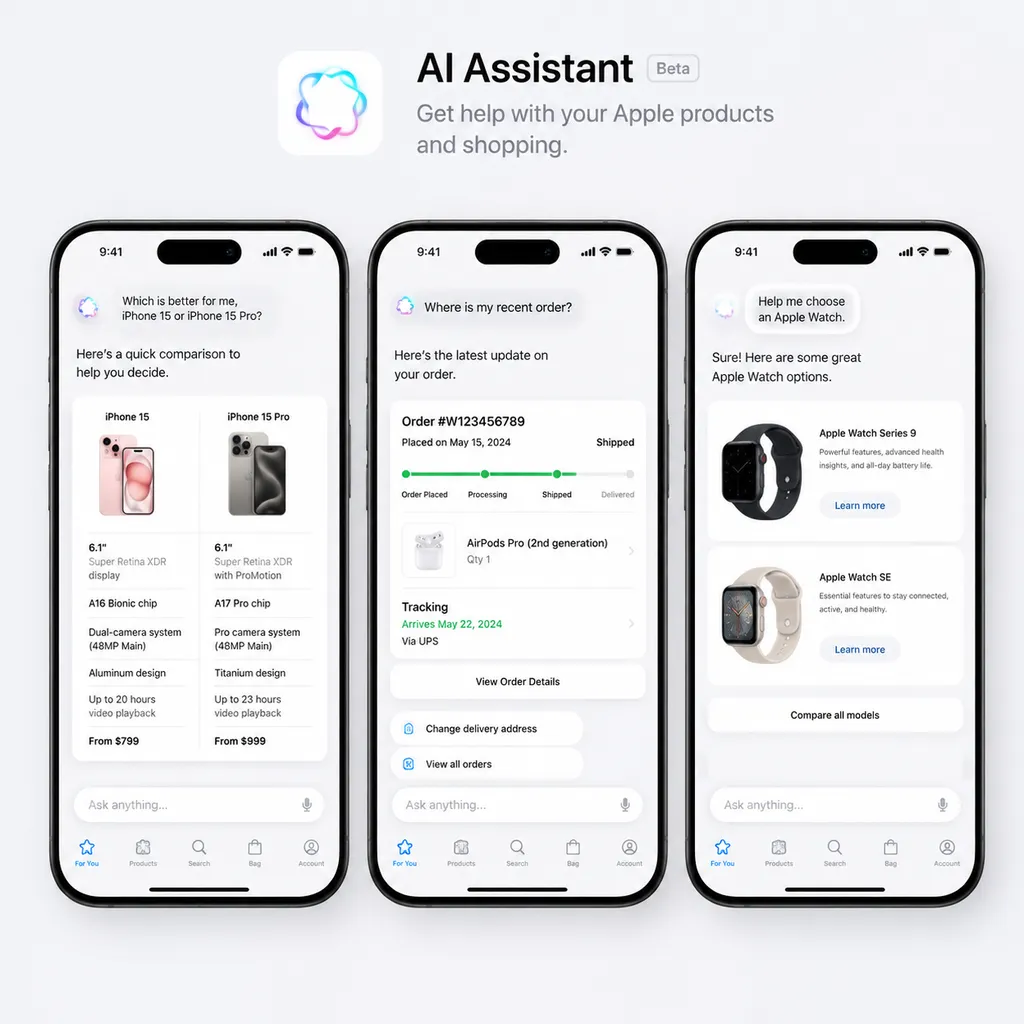 Apple Store 应用内 AI 助手早期预览界面,展示产品比较、订单查询和 Apple Watch 选购入口