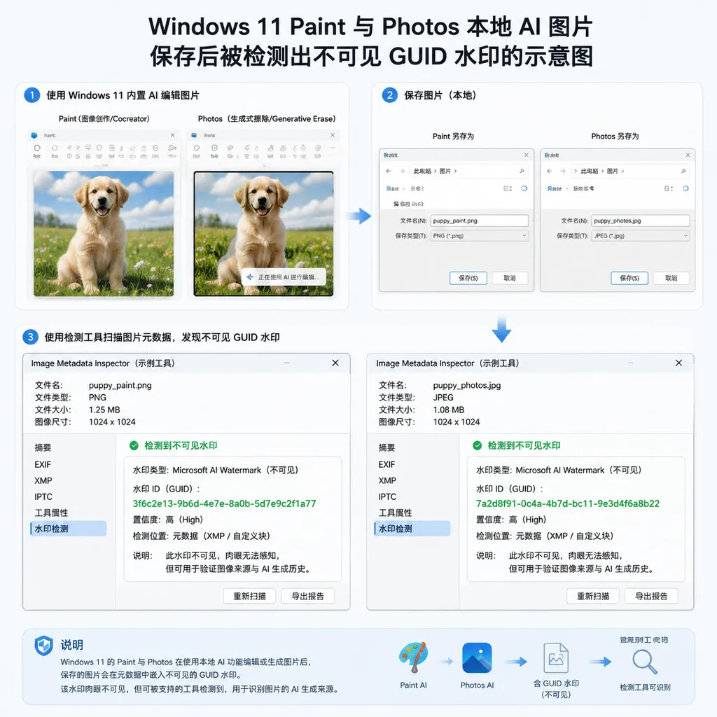 Windows 11 Paint 与 Photos 本地 AI 图片保存后被检测出不可见 GUID 水印的示意图