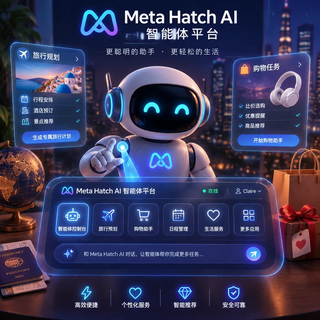 Meta Hatch AI 智能体平台概念配图,展示智能体控制面板、旅行规划和购物任务等功能