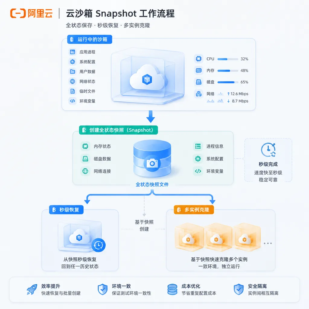Schematic of the Alibaba Cloud Cloud Sandbox Snapshot workflow, showing the relationship between a running sandbox, a full-state snapshot, second-level restoration, and multi-instance cloning