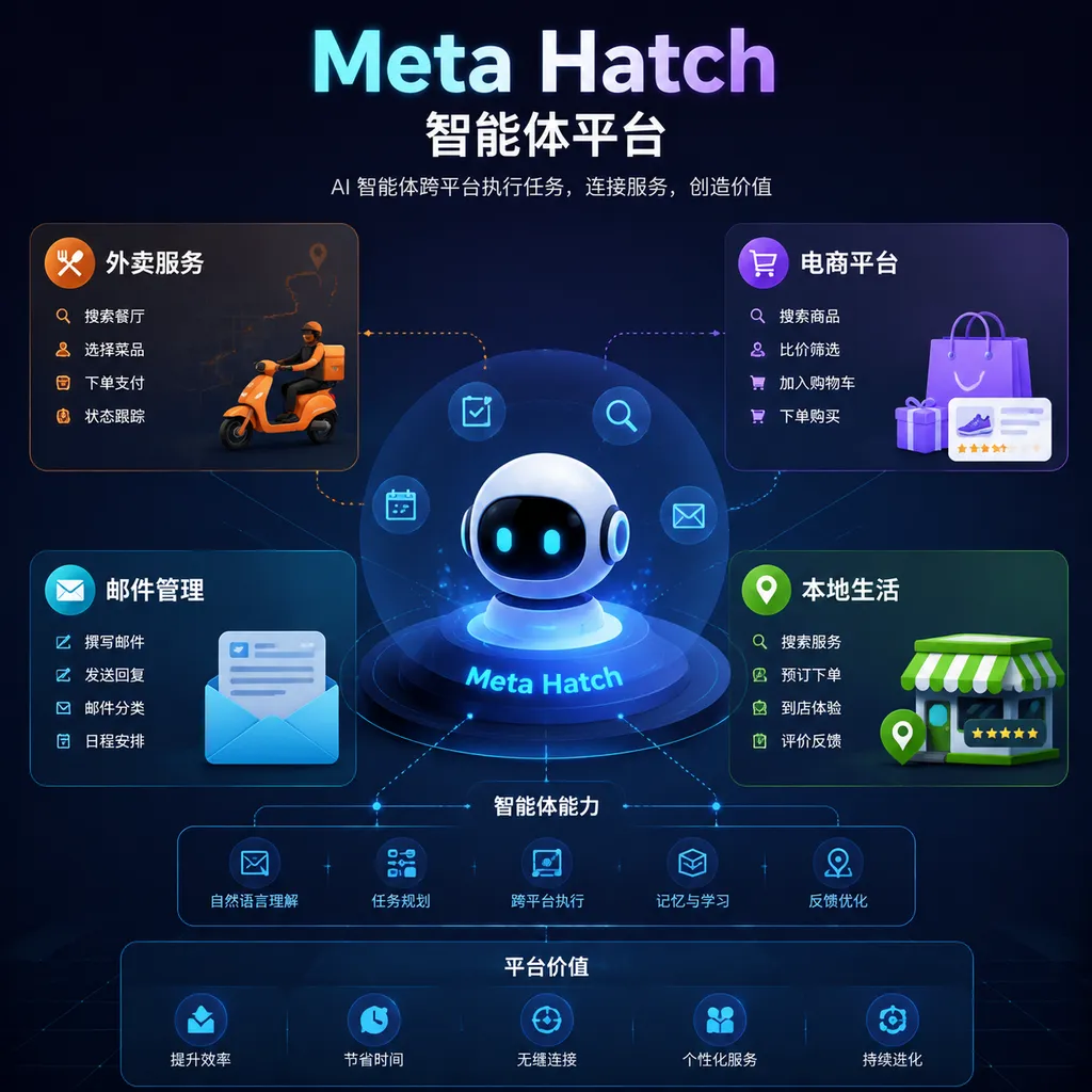 Conceptual image of the Meta Hatch AI agent platform, showing AI executing tasks across food delivery, e-commerce, email, and local services