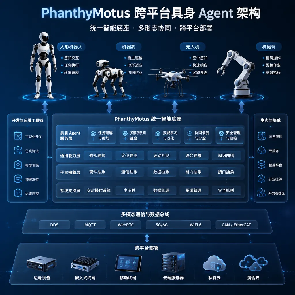 Schematic of the PhanthyMotus cross-platform embodied Agent architecture, showing humanoid robots, quadruped robots, drones, and robotic arms connected to a unified intelligence foundation