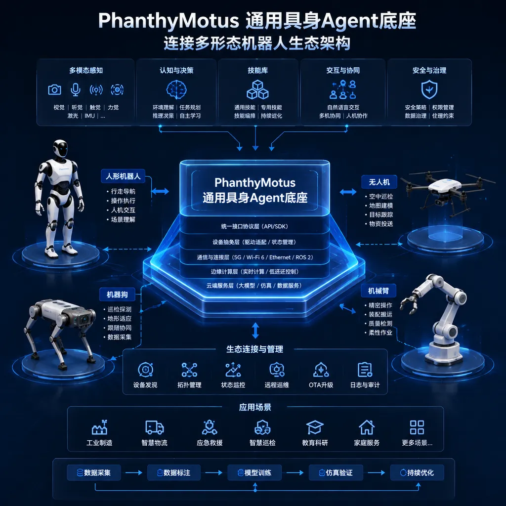 PhanthyMotus通用具身Agent底座连接人形机器人、机器狗、无人机和机械臂的生态架构示意图