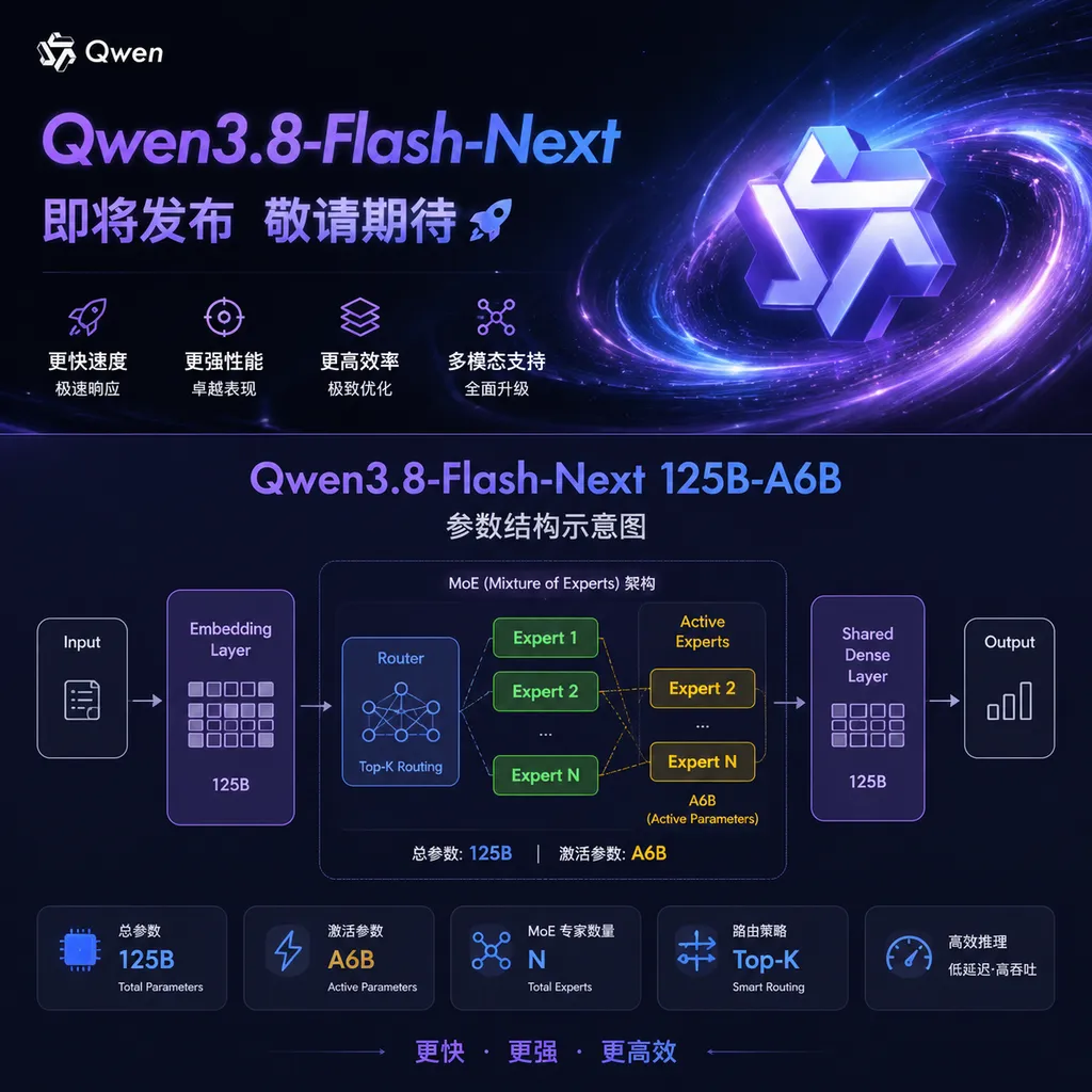 Qwen3.8-Flash-Next发布预告与125B-A6B参数结构示意图