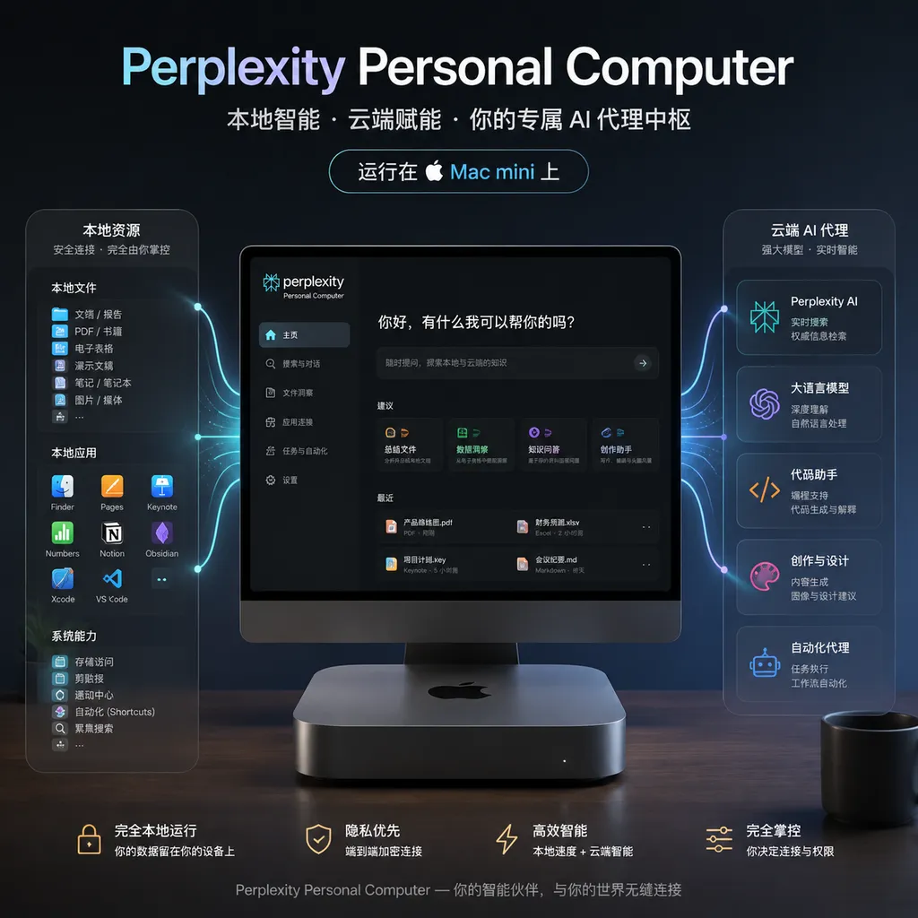 Perplexity Personal Computer运行在Mac mini上的产品示意图,展示本地文件、应用与云端AI代理之间的连接