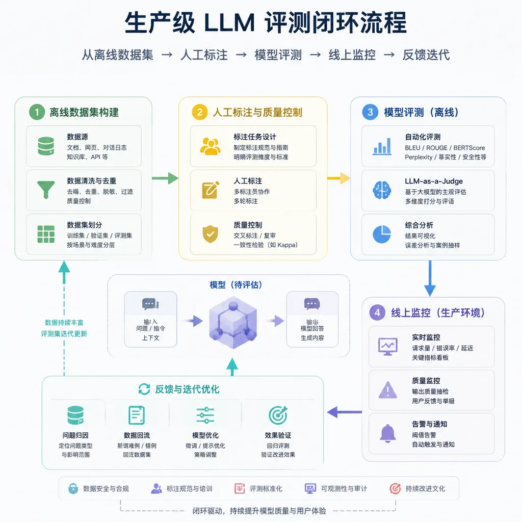 展示从离线数据集、人工标注、模型评测到线上监控的生产级 LLM 评测闭环流程图