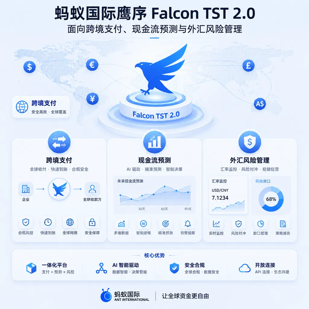 Illustration of Ant International’s Falcon TST 2.0 for cross-border payments, cash flow forecasting, and foreign exchange risk management