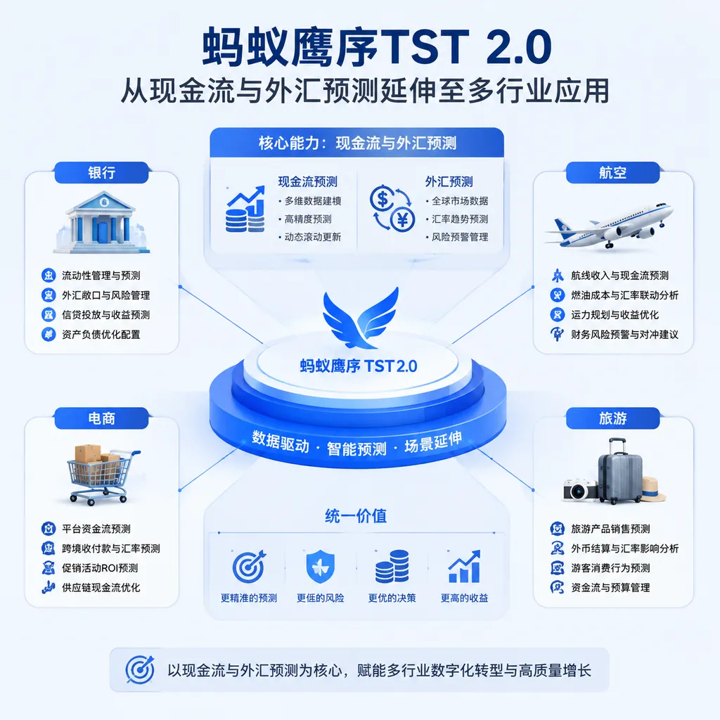 蚂蚁鹰序TST 2.0从现金流与外汇预测延伸至银行、航空、电商和旅游等行业的应用示意图