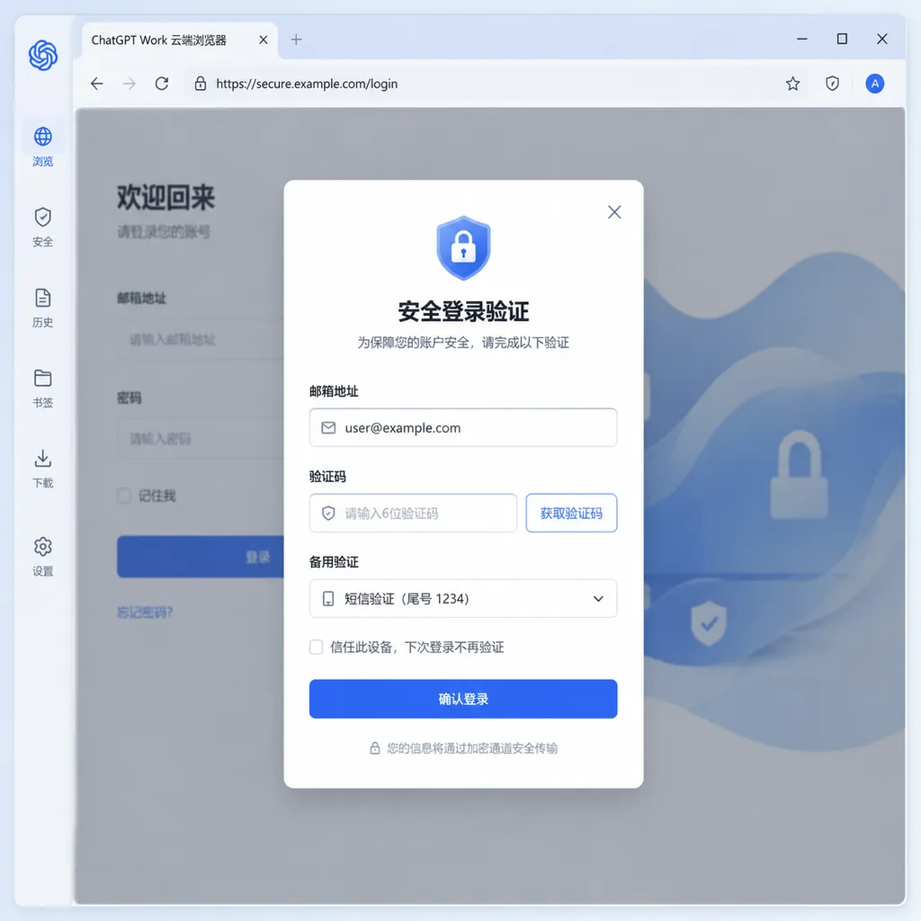 ChatGPT Work 云端浏览器遇到登录页面后,向用户弹出安全登录表单的界面示意图