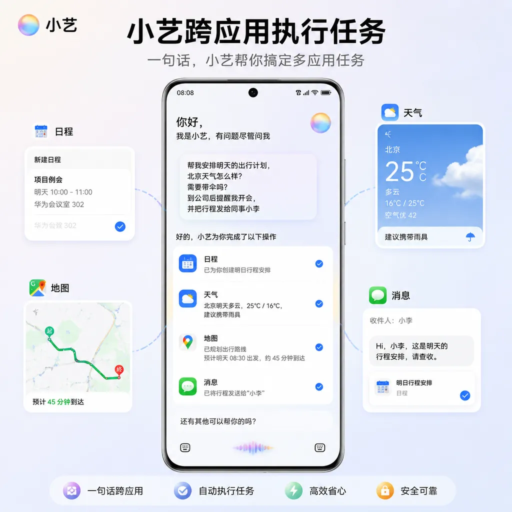 华为小艺在手机端执行跨应用任务的界面示意图,展示日程、天气、地图和消息等多个场景