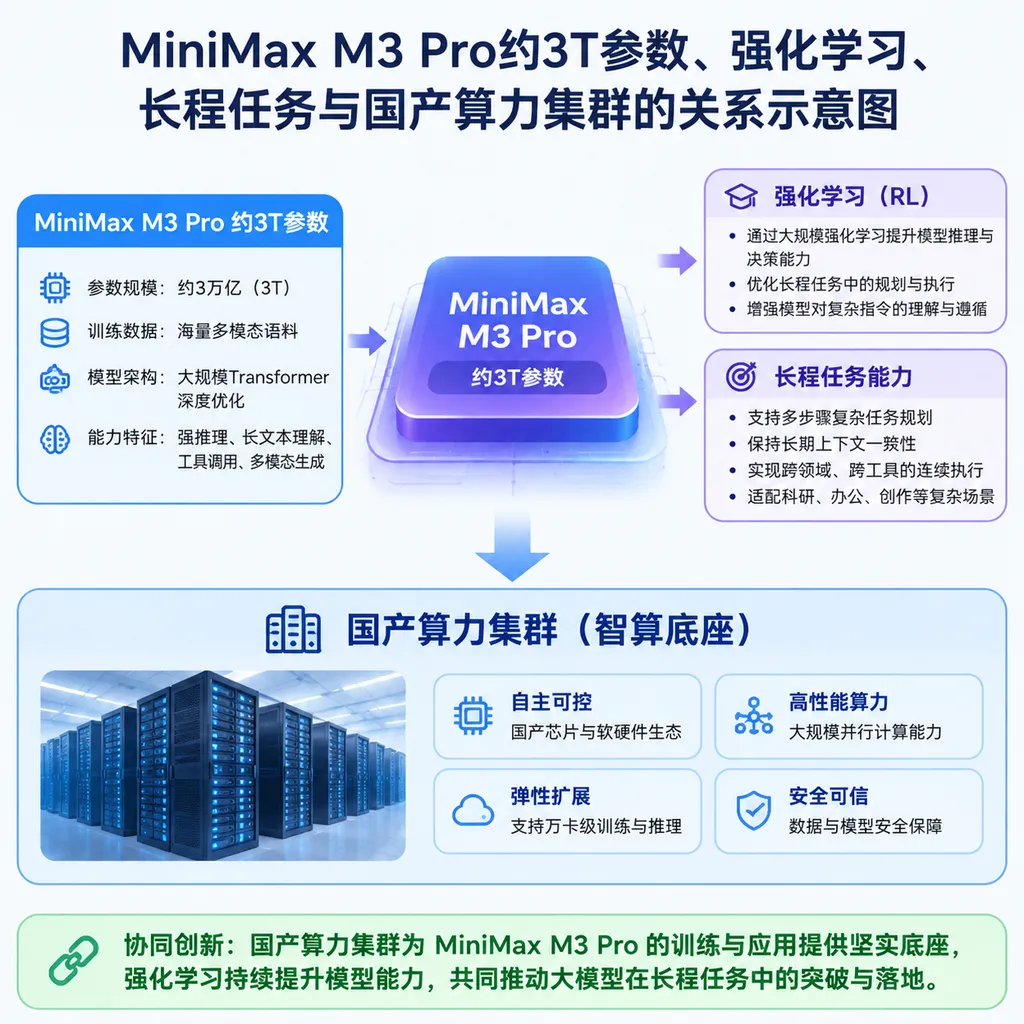 Diagram illustrating the relationship among MiniMax M3 Pro's approximately 3T parameters, reinforcement learning, long-horizon tasks, and domestic computing clusters
