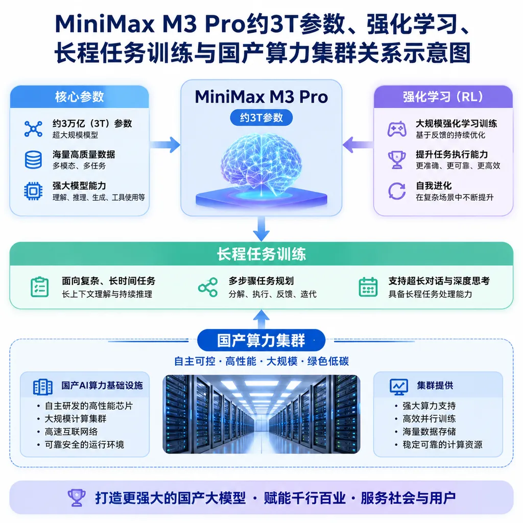 MiniMax M3 Pro约3T参数、强化学习、长程任务训练与国产算力集群关系示意图