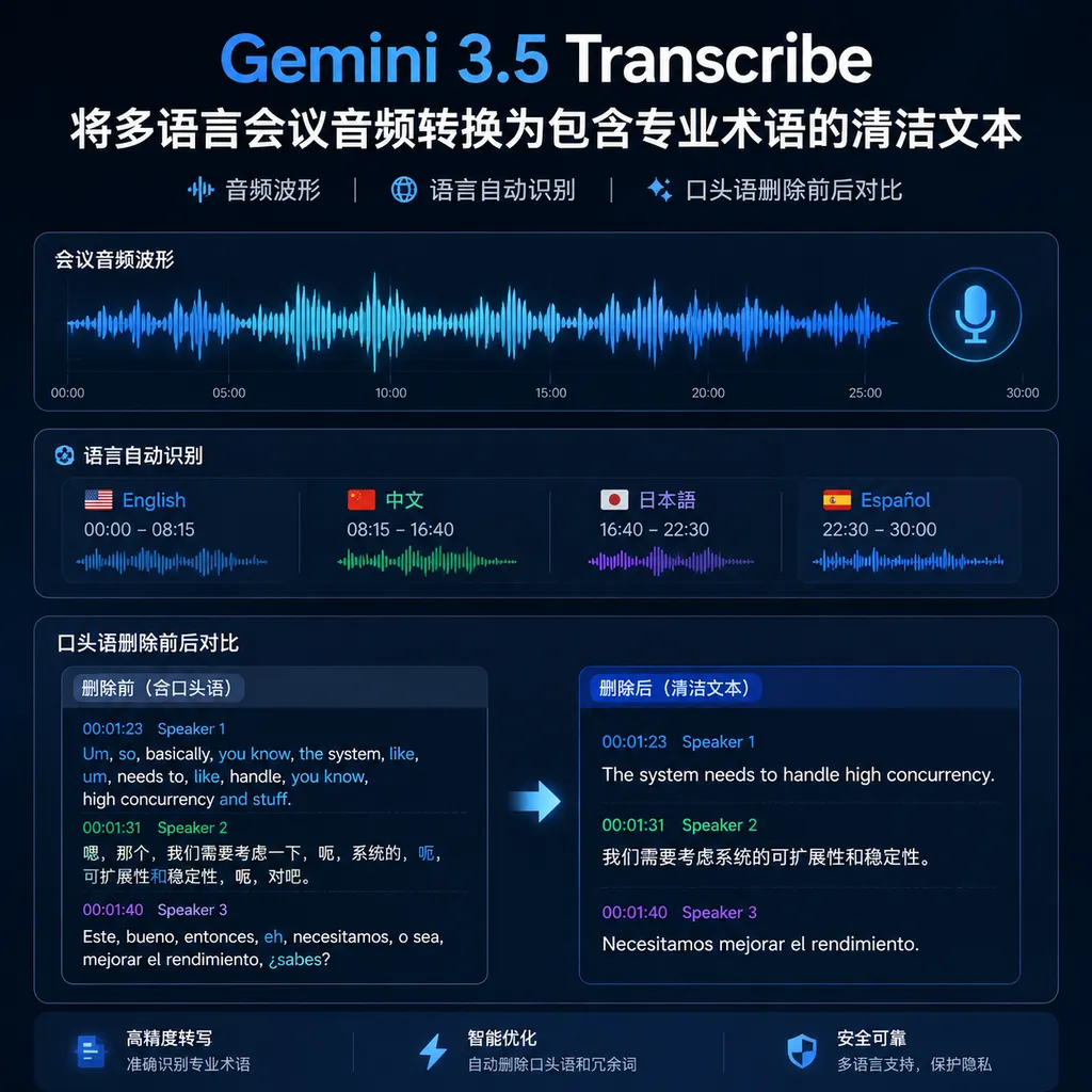 Gemini 3.5 Transcribe将多语言会议音频转换为包含专业术语的清洁文本,画面展示音频波形、语言自动识别和口头语删除前后对比