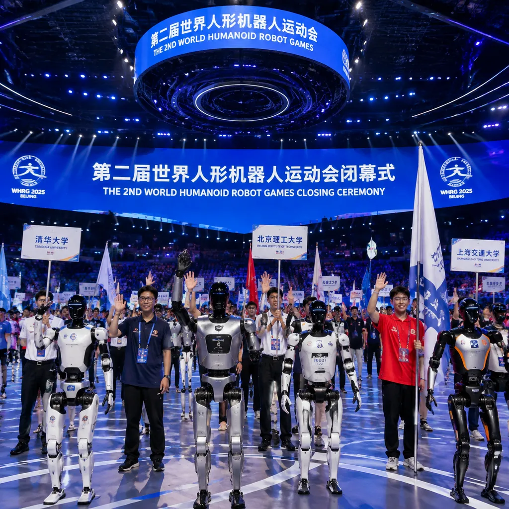 Closing ceremony of the second World Humanoid Robot Games, with multiple humanoid robots and participating teams gathered at the venue