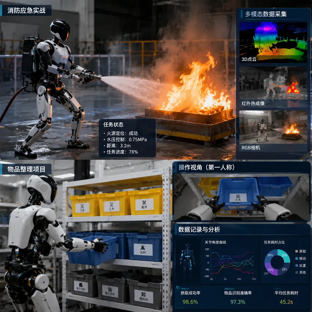 Humanoid robots participating in firefighting, emergency response, or object-organization events, demonstrating real-world operations and data collection