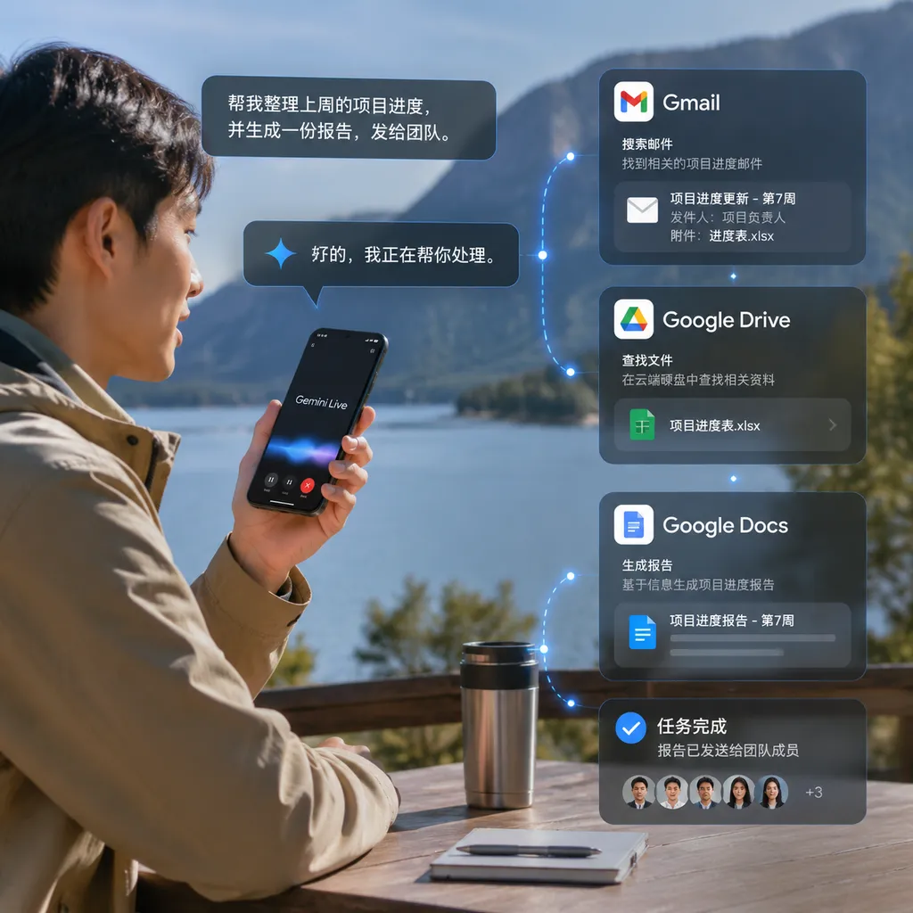 用户在户外通过手机与Gemini Live语音交流,后台联动Gmail、Google Drive和Google Docs完成任务