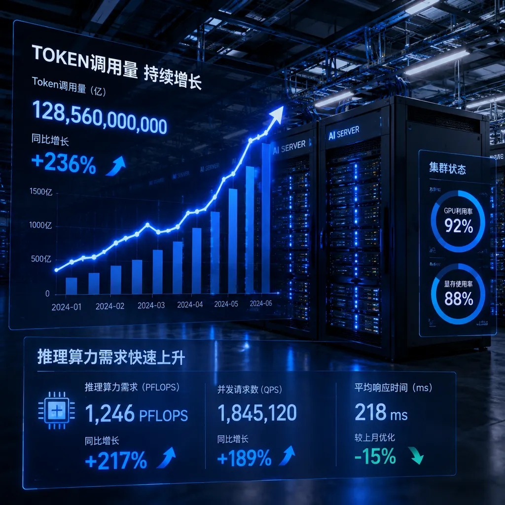 An AI server cluster in a data center, illustrating the growth in Token usage and rising demand for inference computing