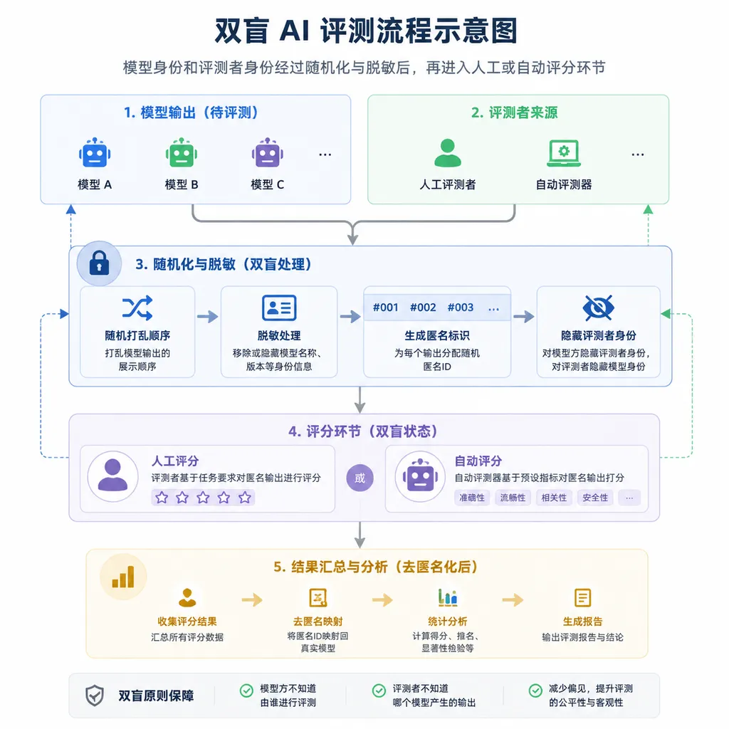 双盲 AI 评测流程示意图:模型身份和评测者身份经过随机化与脱敏后,再进入人工或自动评分环节
