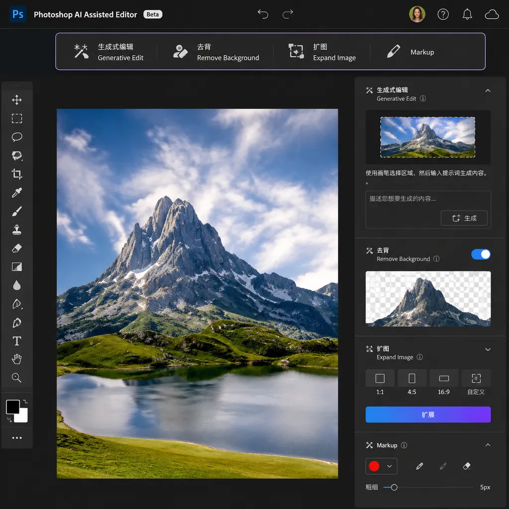 Photoshop AI Assisted Editor Beta 界面示意,右侧或顶部统一工具栏集中展示生成式编辑、去背、扩图和 Markup 功能