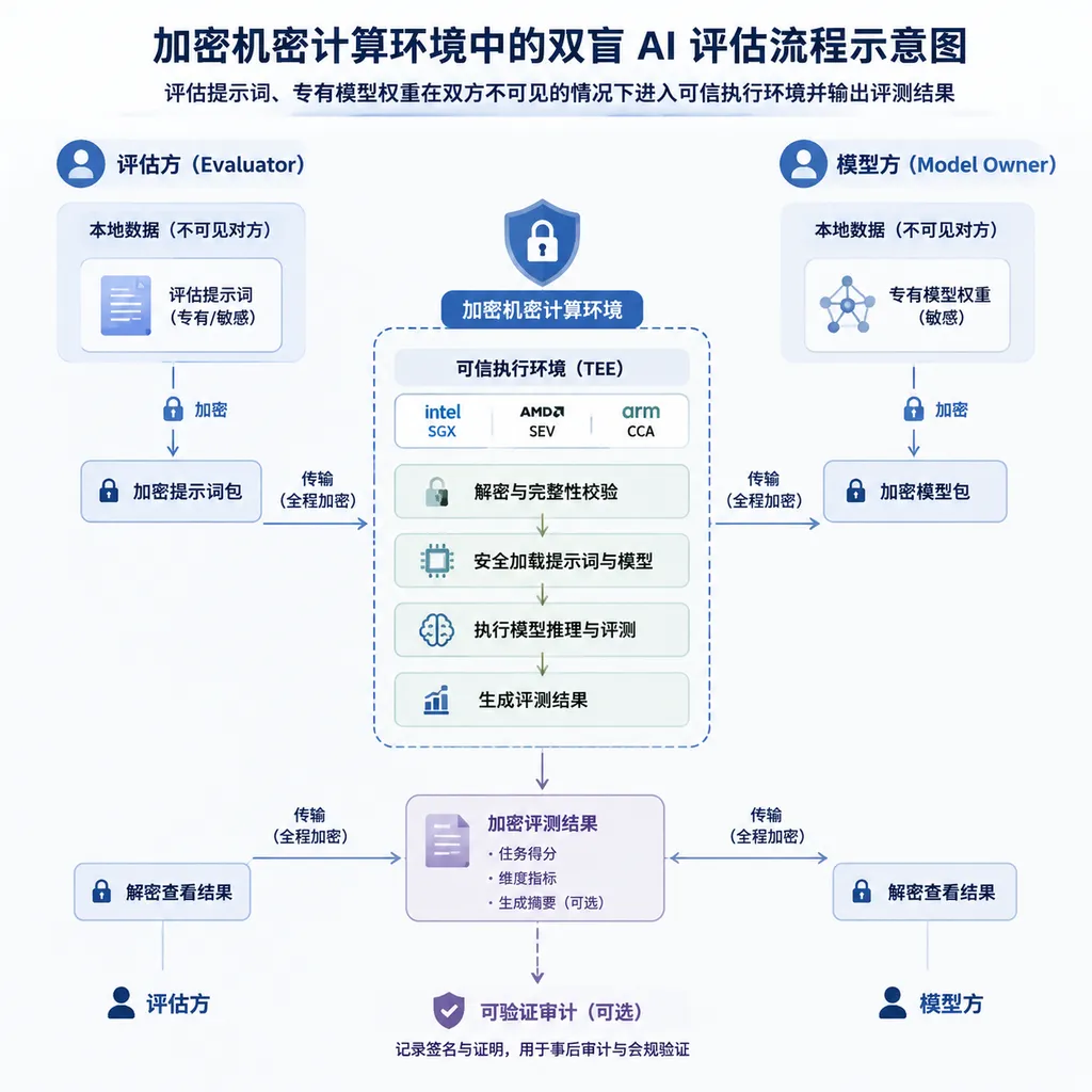 Illustration of a double-blind AI evaluation process in an encrypted confidential computing environment, showing evaluation prompts and proprietary model weights entering a trusted execution environment without either party being able to see the other’s materials, and producing evaluation results