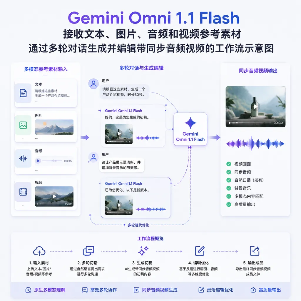 Gemini Omni 1.1 Flash 接收文本、图片、音频和视频参考素材,通过多轮对话生成并编辑带同步音频视频的工作流示意图