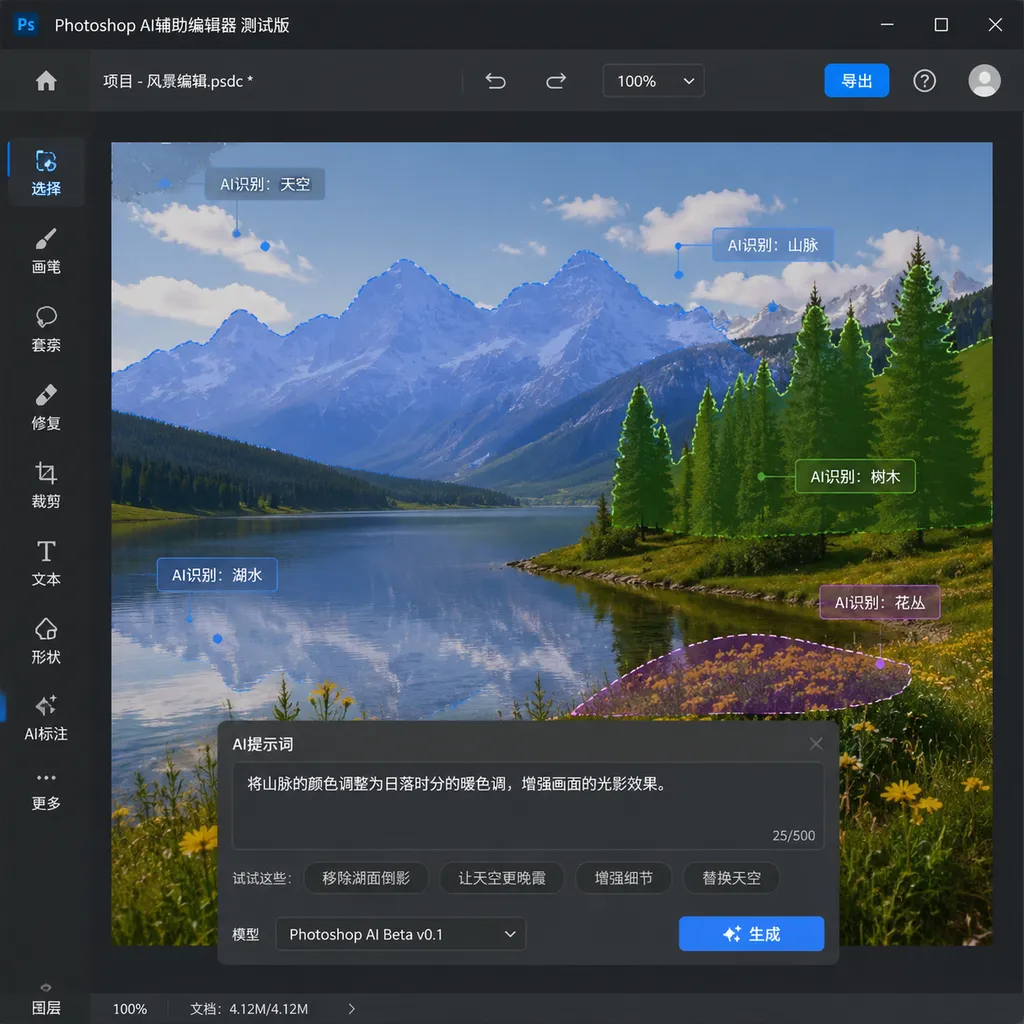 Beta interface of Photoshop’s AI Assisted Editor, with a simplified toolbar on the left and prompt editing and AI marking features displayed in the canvas area