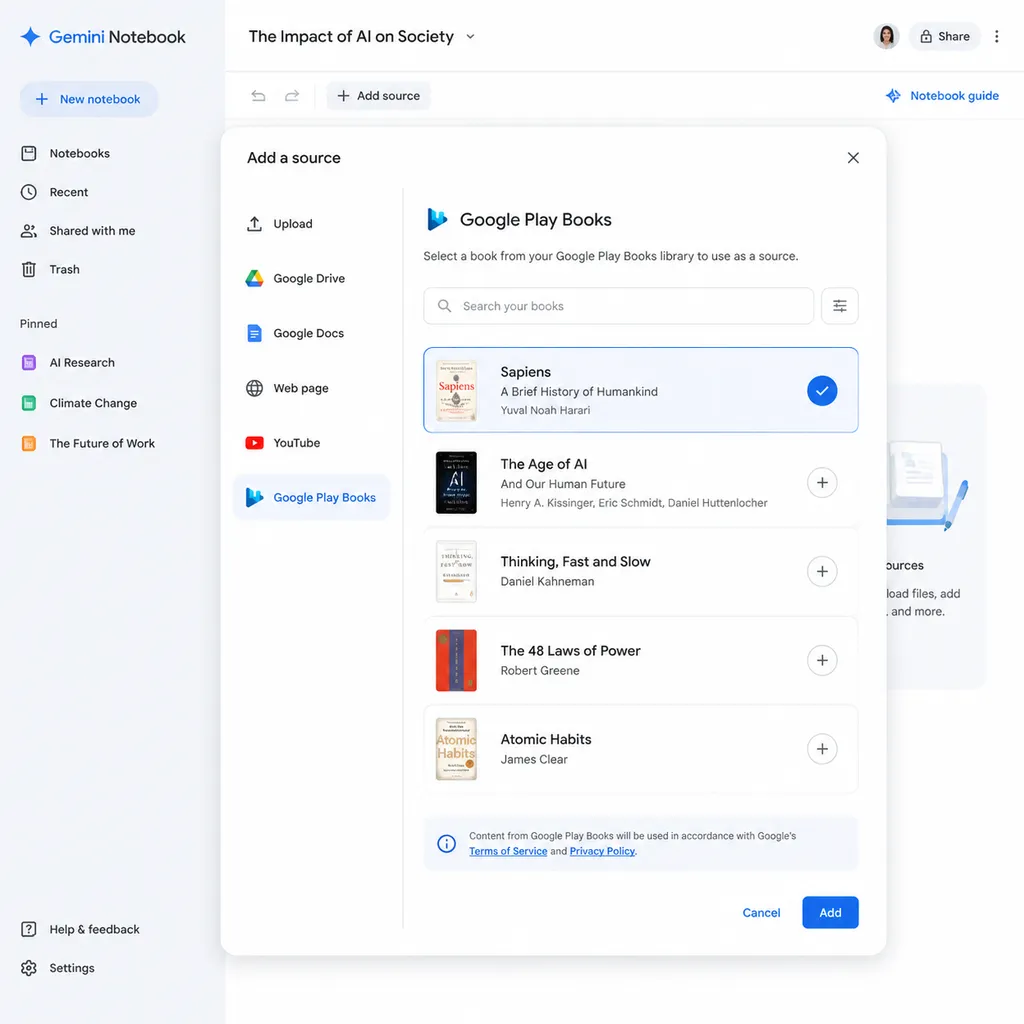 Gemini Notebook 选择 Google Play Books 书籍作为资料来源的产品界面示意图