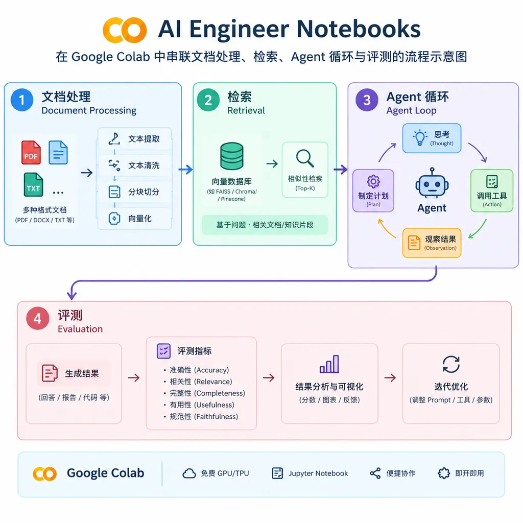 AI Engineer Notebooks 在 Google Colab 中串联文档处理、检索、Agent 循环与评测的流程示意图